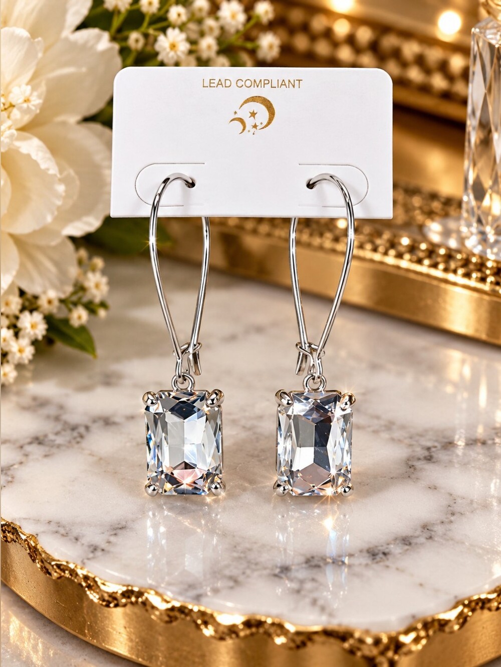Elegant Silver Clear Crystal Dangle Drop Earrings NEW